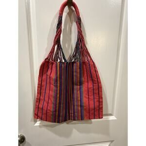 Boho Woven Tote Bag Pink Stripe Multicolor Braided Strap Hippie Market